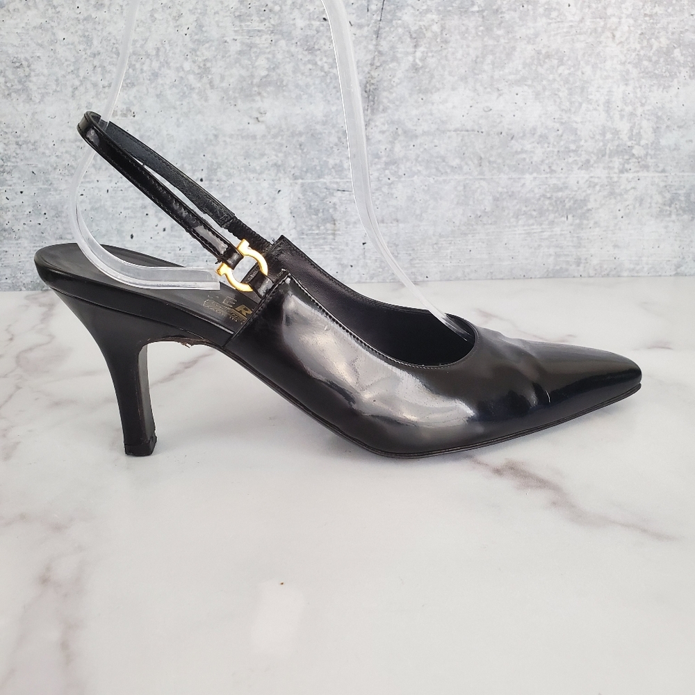 Ferragamo Point Toe Sling Back Patent Leather